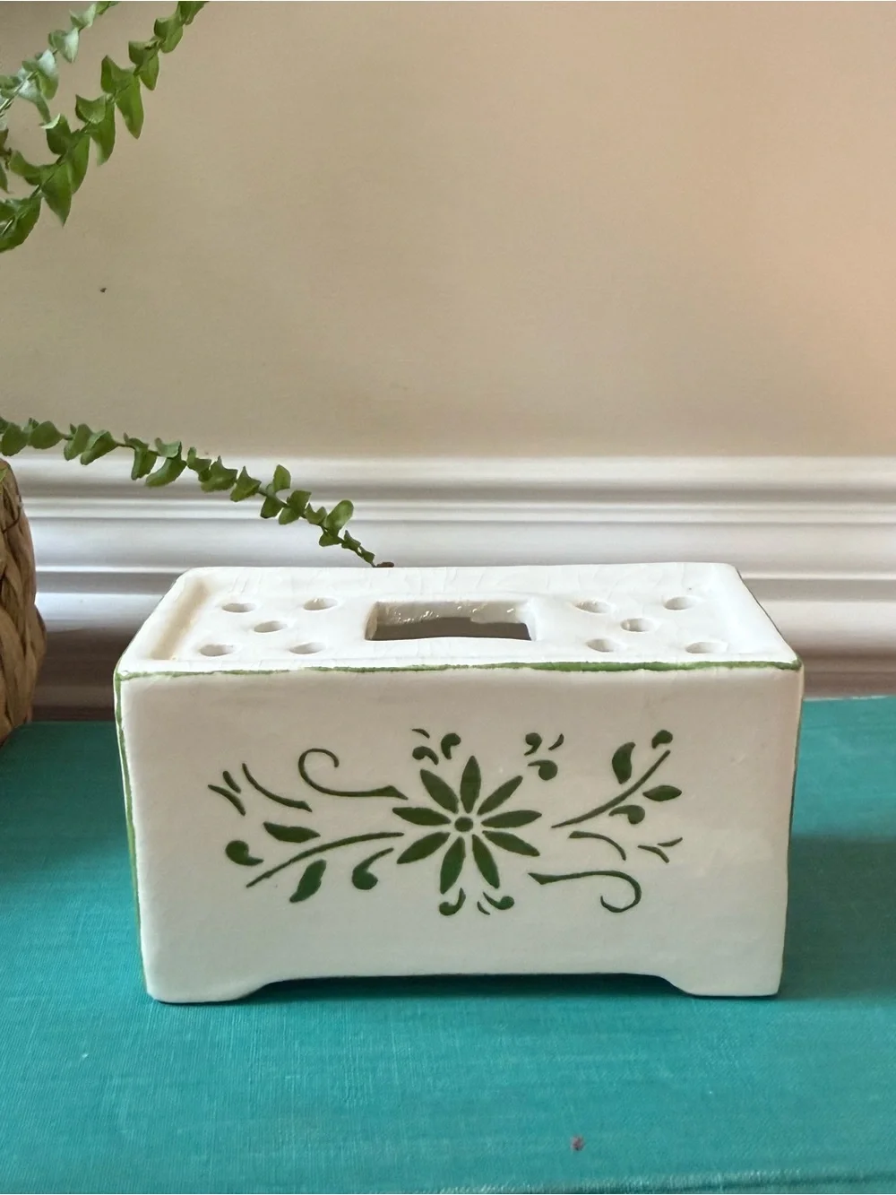 Antique Vintage Hand-Painted Ceramic Floral Frog in White and Green